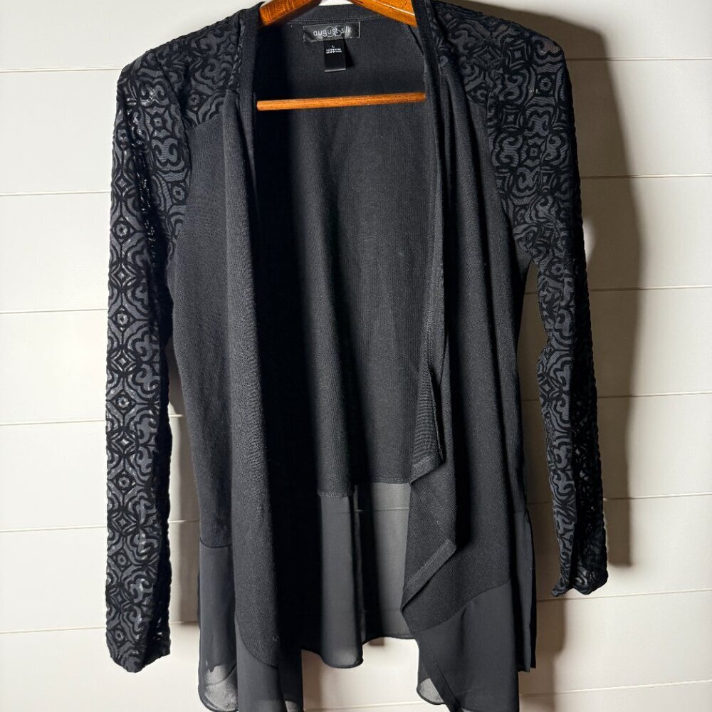August Silk Lace Sheer Sweater Open Black Cardigan Sz Large